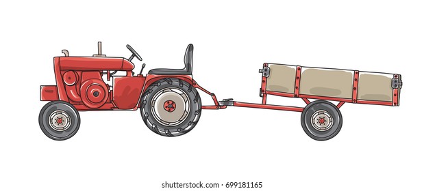 Antique Tractors  with Tipping Trailer Vintage  hand drawn vector art illustration