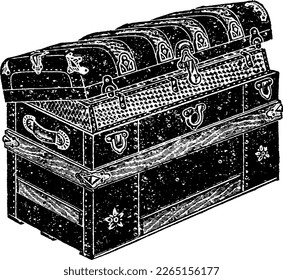 Antique Travel Trunk Chest Vintage Engraving isolated on white. Illustration of an antique steamer trunk drawn in a vintage engraving style.