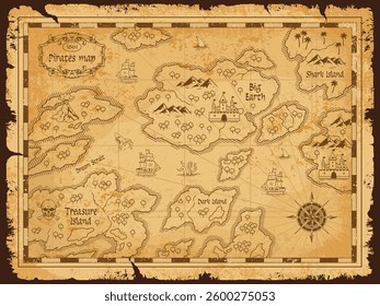 An antique treasure map from 1860 outlines numerous islands including Treasure Island and Dark Island featuring ships mountains and a compass rose for navigation.
