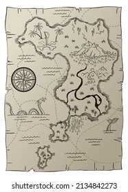 Antique treasure map. Cartoon island map template for next level game - adventures quest or treasure hunt. Pirate grunge map with windrose and dragon. Hand drawn vintage vector illustration