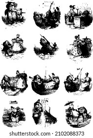 Antique Twelve Satirical Vingettes Drawings about Everyday Life from French Satirical Literature