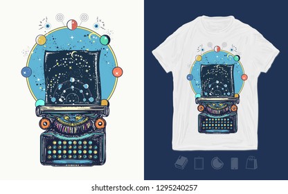 Antique typewriter with paper prints Universe, surreal print for t-shirts and another, trendy apparel design. Symbol of imagination, literature, philosophy, psychology, imagination 