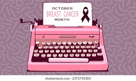 antique typewriter with a paper with ribbons and phrase Breast Cancer Month. illustration