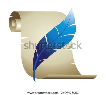 An antique unfolded scroll with a quill. Papyrus paper. Old clean parchment. Vintage style. Parchment for a manuscript. Scroll of old paper. Vector illustration EPS 10