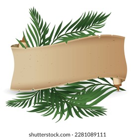 Antique unrolled parchment wrapping green palm branches for Palm Sunday. Template design in gradient style.