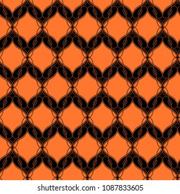Antique unsaturated orange pattern with interwoven lines on the black background, seamless vector as a fabric texture