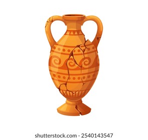 Antique vase or ancient jug and museum ceramic amphora pot,, cartoon vector. Ancient Greek vase or Roman jug pitcher of clay with ornament on broken piece cracks, archeology antique ceramic jug