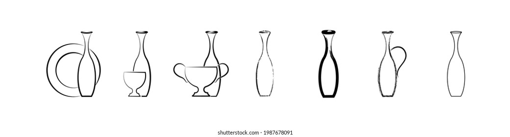 Antique vase icon. Linear drawing of an ancient vase. Vector illustration of icon antique vase with tea, saucer and cup isolated on white background.