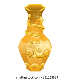 Antique vase made of gold with the image of the fire dragon isolated on white background. Vector cartoon close-up illustration.