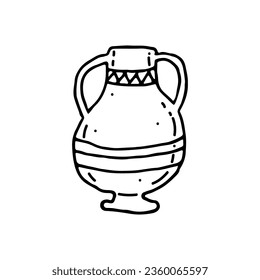 Antique vase with ornament. Vessel made of baked clay, ceramics. Household dishes. Doodle. Vector illustration. Hand drawn. Outline