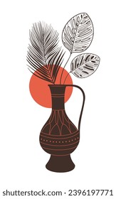 Antique vase with plant leaves, hand drawn aesthetic style vector illustration in flat design