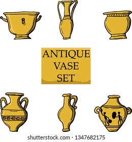 Antique vase set. Isolated on white. Collection of diverse ancient Greek vases. Vector illustration of various amphorae for storing olive oil. Clipart.