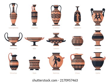 Antique vases and amphorae with traditional images and patterns. Archaeological and historical finds. Historical ceramic tableware. Utensils for holding liquids. Vector illustration