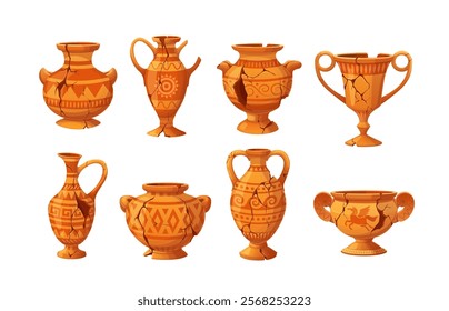 Antique vases or ancient Greek jug pitchers and ceramic amphora pots, vector icons. Archeology museum ceramic vases or ancient pottery jugs and pitchers of clay with ornament and broken piece cracks