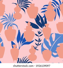 Antique vases and tropical seamless pattern. leaves vector illustration. Texture with exotic plants and ceramic pots.