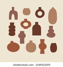 Antique vases vector illustration. Earthy colored set of pots and bottles. Modern minimalist design for social media, web banner, package branding