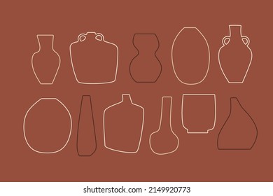 Antique vases vector illustration. Earthy colored set of pots and bottles. Modern minimalist line design for social media, web banner, package branding