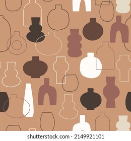 Antique vases vector illustration. Earthy colored seamless pattern. Modern minimalist background for social media, web banner. Trendy print for fabric, wrapping paper, package branding
