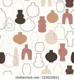 Antique vases vector illustration. Earthy colored seamless pattern. Modern minimalist background for social media, web banner. Trendy print for fabric, wrapping paper, package branding