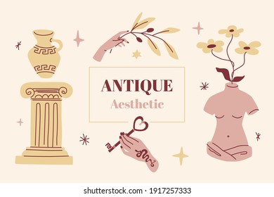 Plantilla de diseño estético vectorial antiguo con torso femenino, rama de olivo de mano, mano con llave, columna iónica y jarrón o olla griega. Gráfico de color beige moderno.