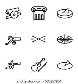 antique vector icons. Set of 9 antique outline icons such as Greek column, violin, sundial, arrow bow