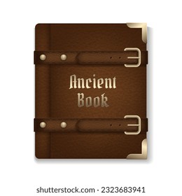 Antique vector image of a closed brown leather book, perfect for Halloween or fantasy themed designs. The realistic design features a gold corners on the cover and a textured leather surface