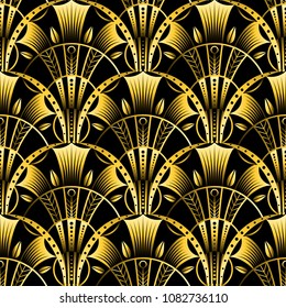 Antique vector seamless shell gold art deco pattern. Geometrical wavy background from golden fan
