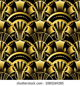 Antique vector seamless shell gold art deco pattern. Geometrical wavy background from golden fan