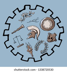 Antique vector set : helmet , laurel wreath, scales, vase, torch, shield, olive tree branch. Clip art for invitations, banners.