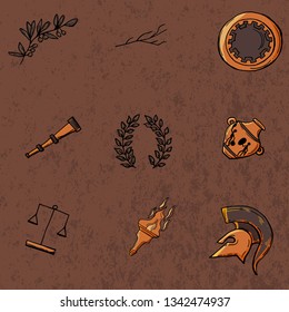 Antique vector set : helmet , laurel wreath, scales, vase, torch, shield, olive tree branch. Clip art for invitations, banners. In vintage style.
