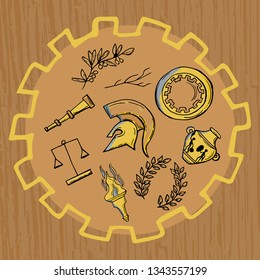 Antique vector set : helmet , laurel wreath, scales, vase, torch, shield, olive tree branch. Clip art for invitations, banners. In vintage style.