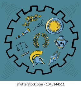 Antique vector set : helmet , laurel wreath, scales, vase, torch, shield, olive tree branch. Clip art for invitations, banners.