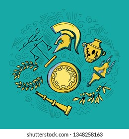 antique vector set : helmet , laurel wreath, scales, vase, torch, shield, olive tree branch. Clip art for invitations, banners.