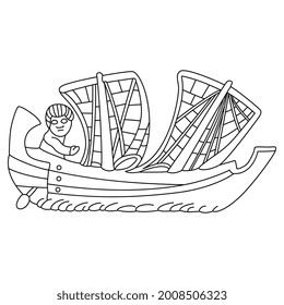 Antique vessel. Sail boat ship. Carthage corbita. Black and white linear silhouette. Ancient Roman motif.