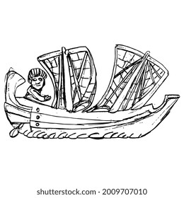 Antique vessel. Sail boat ship. Carthage corbita. Ancient Roman motif. Hand drawn linear doodle rough sketch. Black silhouette on white background.