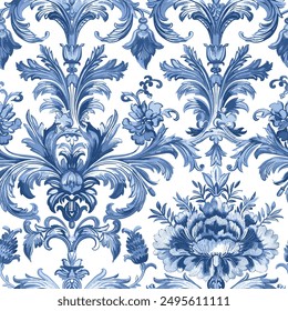 Antique Vintage Arabesque Ornament With Floral Motifs Toile de Jouy Seamless Pattern. Blue color palette. Victorian Baroque Art Vintage Charm Seamless Pattern, Inspired by Floral Chinoiseries