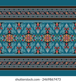 Antique, vintage, baroque patterns mixed with Thai patterns. Bright colors on a blue-green background For digital printing of textiles, fabrics, wallpapers