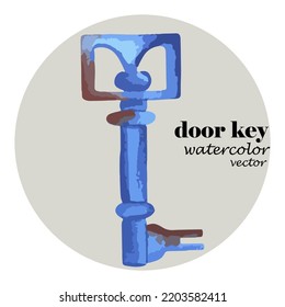 antique vintage blue door key with traces of rust, painted in watercolor on white background. master key