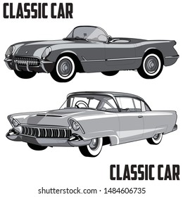 Antique / Vintage / Classic Motorcycle or Car vector image design set. Black and white vector illustration isolated on white background.