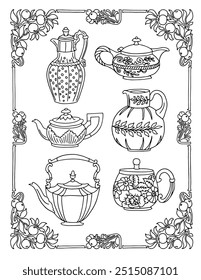 Antique Vintage Coffee and Tea Pots Coloring Page for Adults in Art Nouveau Victorian Style, Vector Black and White Illustration