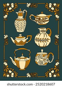 Antique Vintage Coffee and Tea Pots Vector Illustration in Art Nouveau Victorian Style