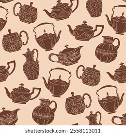 Antique Vintage Coffee and Tea Pots Seamless Vector Pattern Mocha Color in Art Nouveau Victorian Style