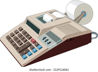 Antique Vintage Electric Calculator with Printing Roll Side View Vector Isolated