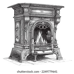 Antique vintage fireplace with fire hand drawn sketch Vector