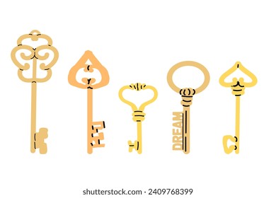 antique vintage keys collection in cartoon style. Vector illustration of victorian and modern keys. 