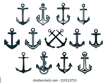 Antique and vintage marine anchors set isolated on white for marine and heraldry design