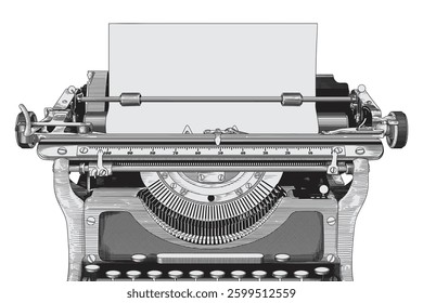 Antique vintage mechanical soldering machine and clean white sheet of paper. Object isolated on white background.