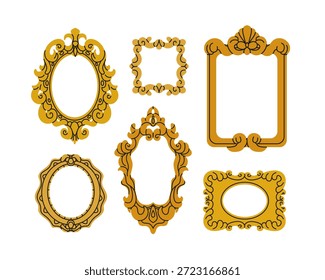 Conjunto de marcos de imagen vintage antiguo. Bordes decorativos adornados, baguettes con decoraciones barrocas y clásicas para la Galería de arte, museo histórico. Ilustración vectorial plana aislada sobre fondo blanco