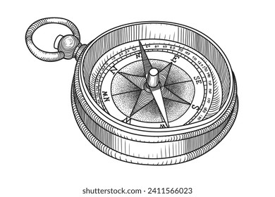 Antique vintage pocket compass for orientation. Linear sketch in cartoon style.