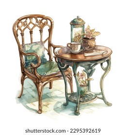 Antique vintage tea table and arm chair in watercolor